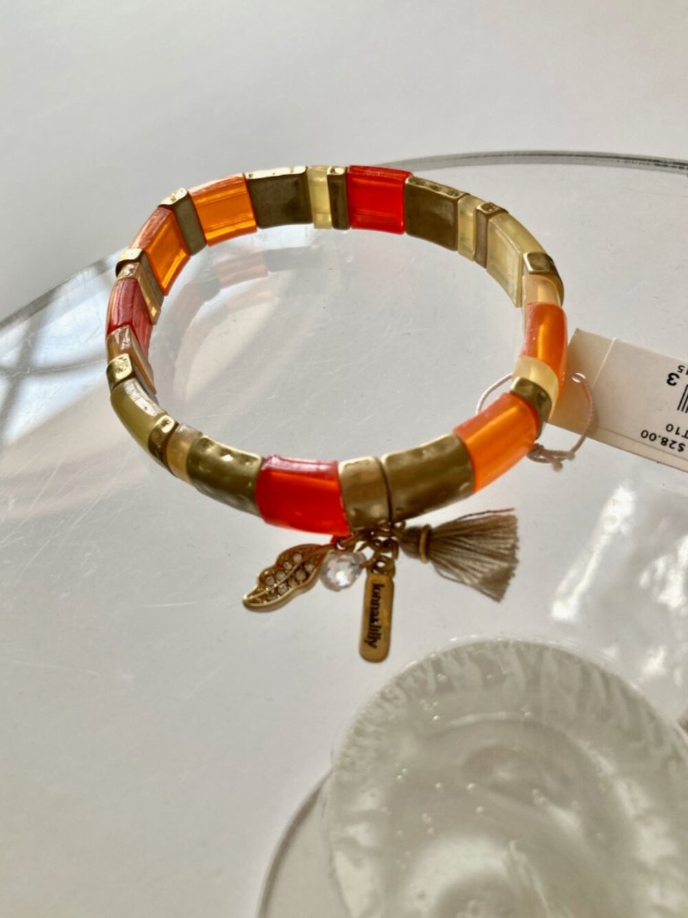 NWT Lonna & Lilly Chiclet Stretch Bracelet 1/2" Orange Gold Cream Dangle Charms